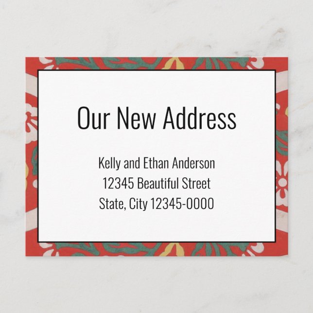 Our New Address Red White Floral Announcement Postcard (Front)