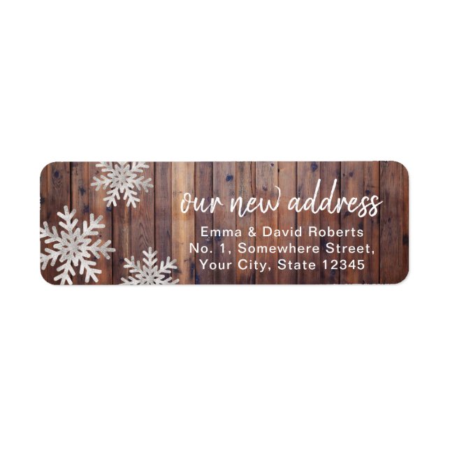 Our New Address Rustic Winter Snowflakes Label (Front)