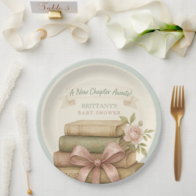 Our New Chapter Awaits Pink Bow Baby Shower Paper Plates (Wedding)