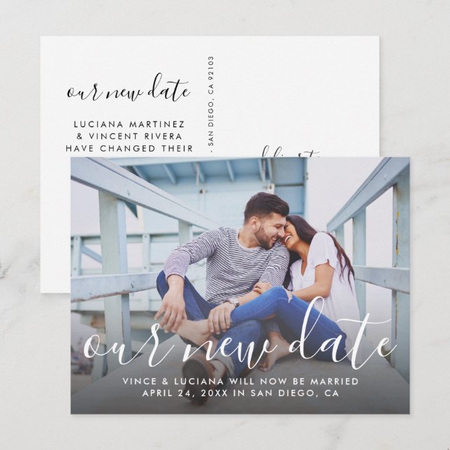Our New Date Handwritten Script Wedding Photo Announcement Postcard (Front/Back)