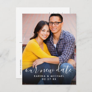 Our New Date Handwritten Script Wedding Photo Announcement Postcard