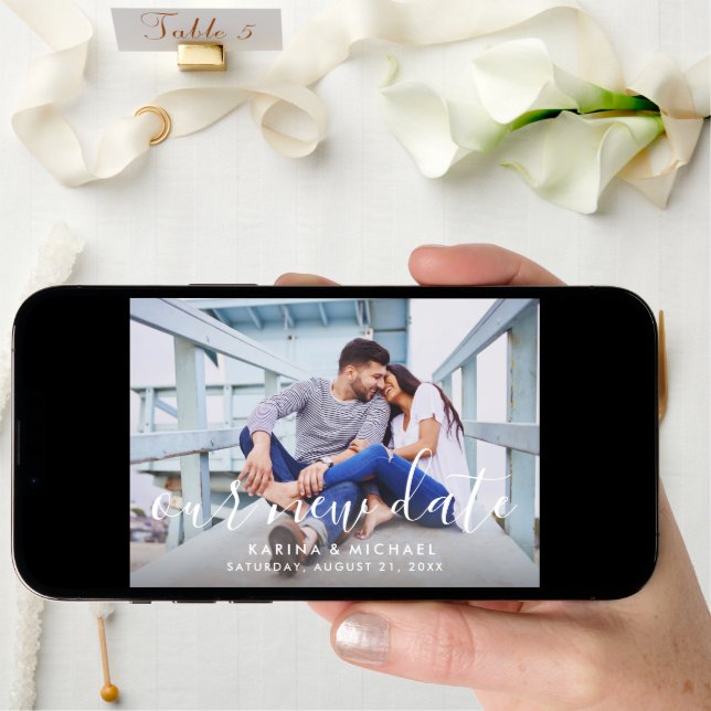 Our New Date Handwritten Script Wedding Photo Save The Date (Front Digital)