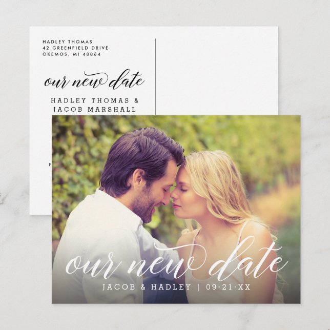 Our New Date Script Wedding Announcement Postcard (Front/Back)