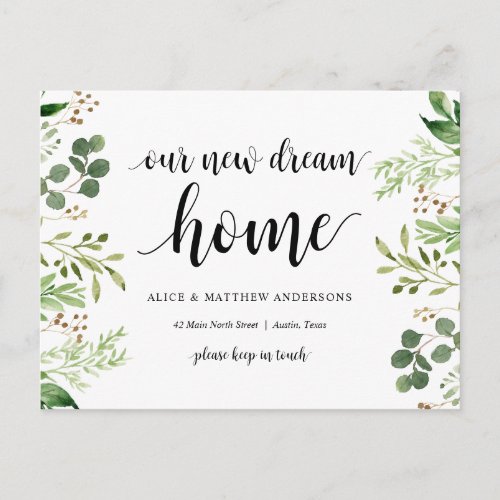 Our New Dream Home Address Announcement Greenery Postcard