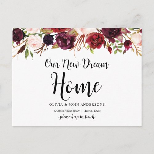 Our New Dream Home burgundy floral Announcement Postcard