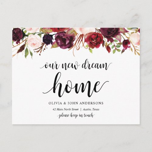 Our New Dream Home burgundy floral Announcement Postcard