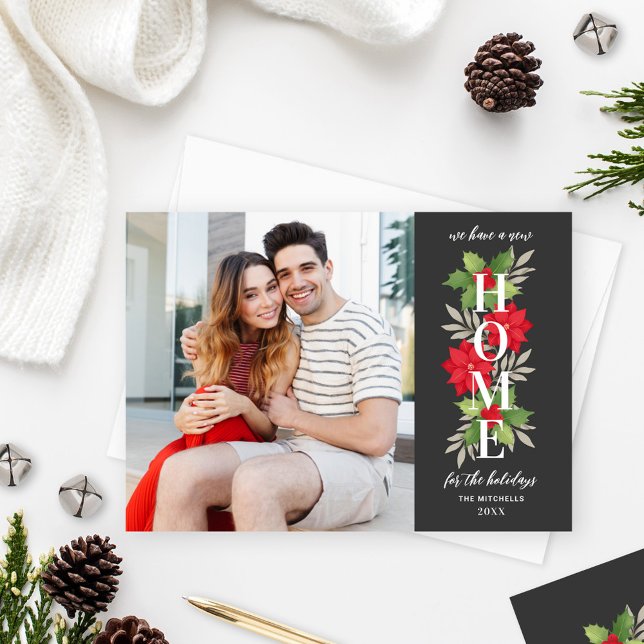Our New Home Address Photo Gray Poinsettia Holiday Card (Creator Uploaded)