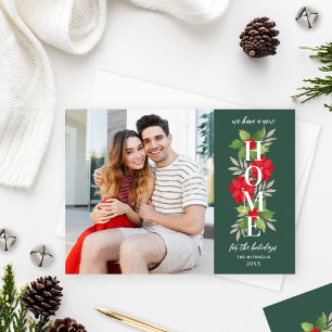Our New Home Address Photo Green Poinsettia Holiday Card