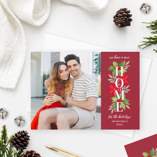 Our New Home Address Photo Maroon Poinsettia Holiday Card