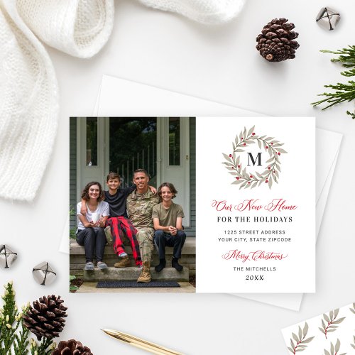 Our New Home Christmas Greenery Monogram Photo Holiday Card