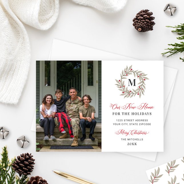 Our New Home Christmas Greenery Monogram Photo Holiday Card (Creator Uploaded)