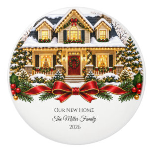 Our New Home Christmas House with Family Name and Ceramic Knob
