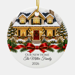 Our New Home Christmas House with Family Name and Ceramic Ornament