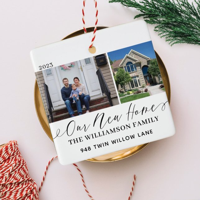 Our New Home Elegant Script Minimal Two Photo Ceramic Ornament (Our New Home Elegant Script Minimal Two Photo Ceramic Ornament)