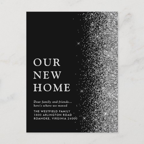 Our New Home Elegant Silver Glitter Black Moving Announcement Postcard