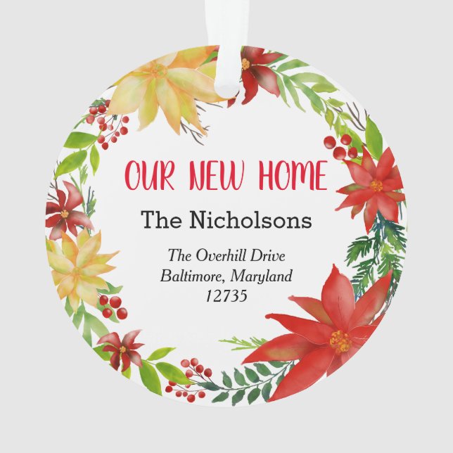 Our New Home Floral Poinsettia Wreath Ornament (Back)