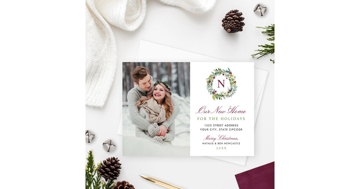 Our New Home for the Holidays Wreath Photo Holiday Card | Zazzle
