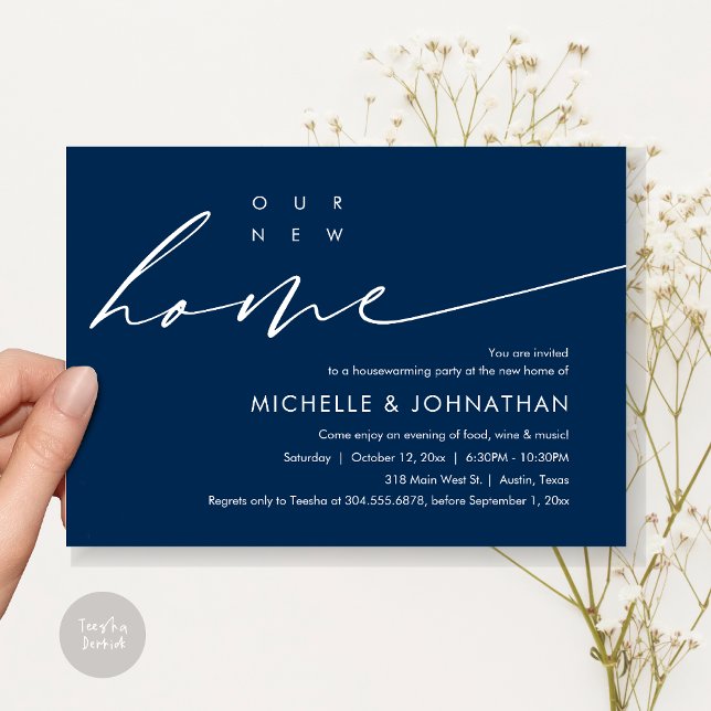 Our New Home, Housewarming Party Celebration Invitation (Our New Home, Housewarming Party Celebration Card, PDF, Modern Minimalist Script, in Navy Blue)
