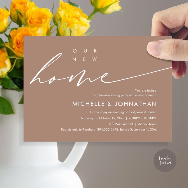 Our New Home, Housewarming Party Celebration Invitation (Our New Home, Housewarming Party Celebration Card, PDF, Modern Minimalist Script, in Earthy Taupe)