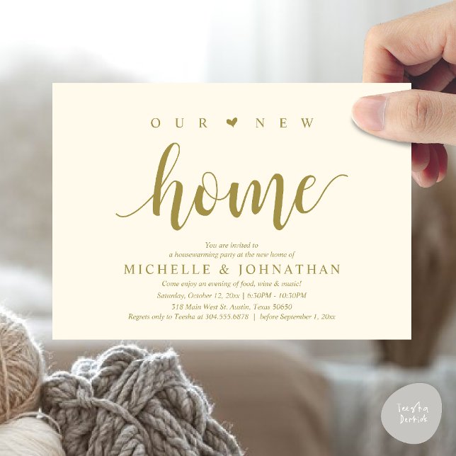 Our new home, Housewarming party invitation cards (Our new home, Housewarming party invitation card, first house invites, in Yellow gold)