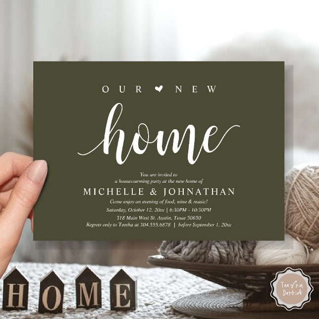 Our new home, Housewarming party invitation cards (Our new home, Housewarming party invitation card, first house invites, in olive green)