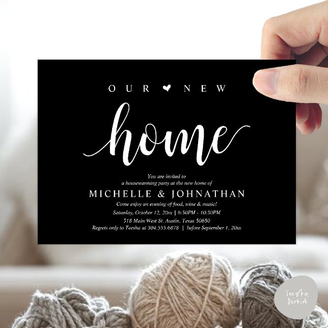 Our new home, Housewarming party invitation cards (Our new home, Housewarming party invitation card, first house invites, in black white)