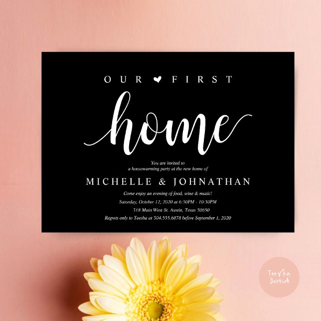 Our new home, Housewarming party invitation cards (Our First Home, Housewarming party invitation card, PDF, Modern Rustic, New Home, in Classy Black)