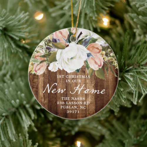 Our New Home Personalized Floral Rustic Woodgrain Ceramic Ornament