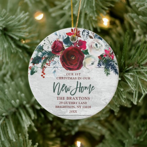 Our New Home Personalized Watercolor Burgundy Rose Ceramic Ornament