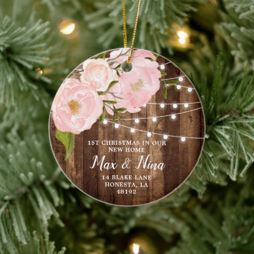 Our New Home Personalized Woodgrain String Lights Ceramic Ornament