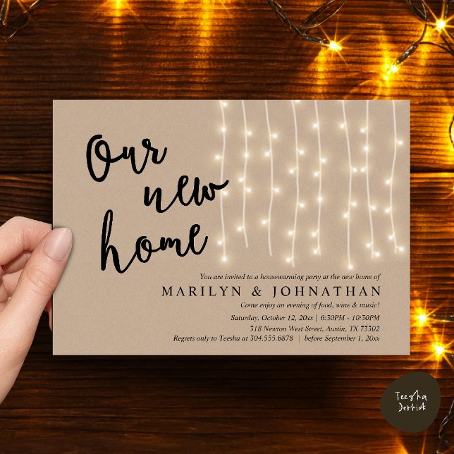 Our new home, Rustic Housewarming party Invitation (Our new home, Rustic Housewarming party Invitation Card PDF Cottage String Light brown Kraft)