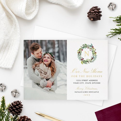 Our New Home Winter Greenery Gold Monogram Photo Foil Holiday Card