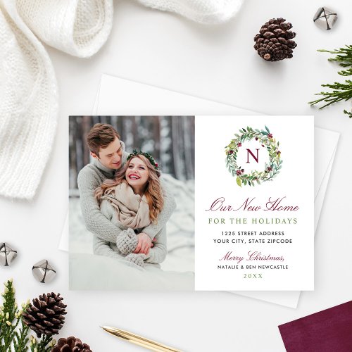 Our New Home Winter Greenery Monogram Photo Holiday Card
