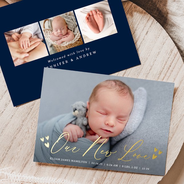 Our New Love Foil Script Photo Birth Announcement (Creator Uploaded)