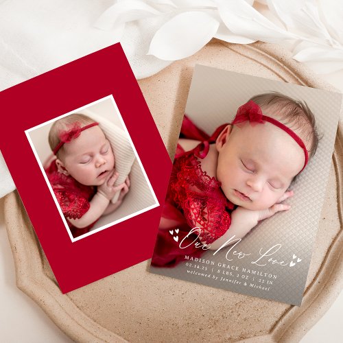 Our New Love Script Photo Birth Announcement