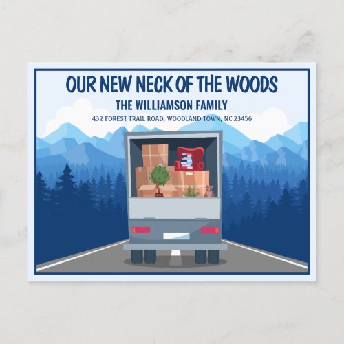 Our New Neck of the Woods Blue Forest Moving Announcement Postcard