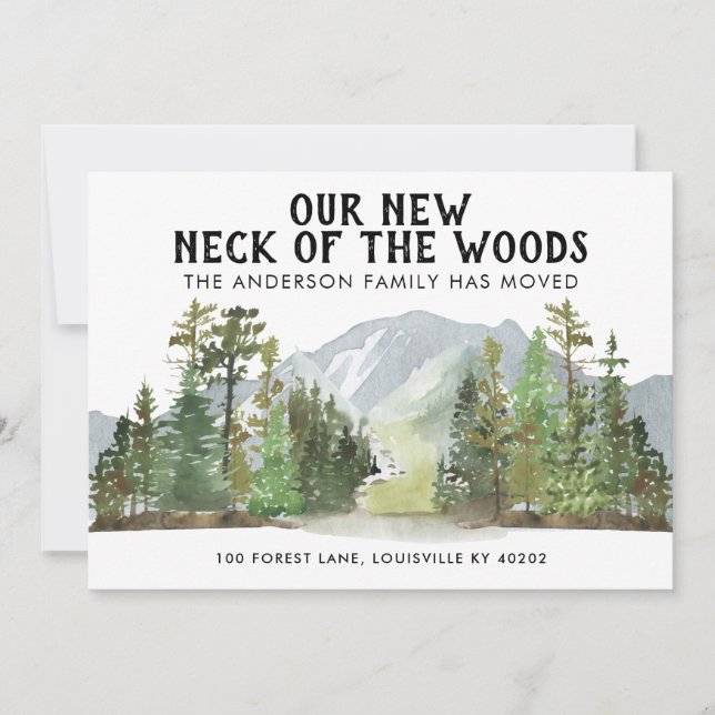 Our New Neck of the Woods Forest Mountain Moving Announcement (Front)