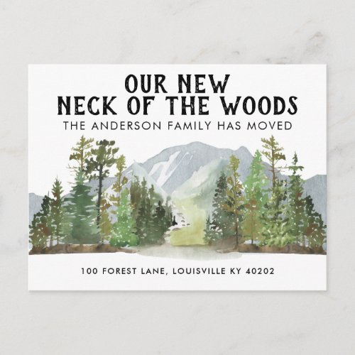 Our New Neck of the Woods Forest Mountain Moving Announcement Postcard