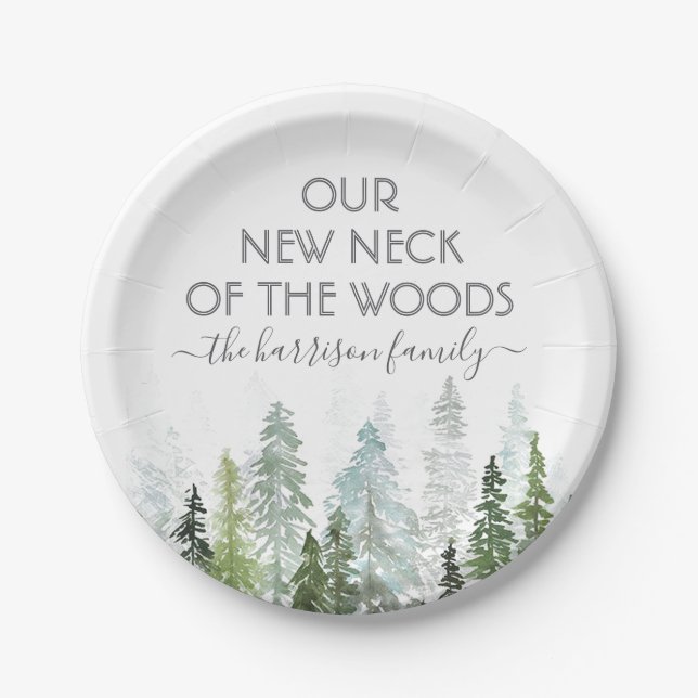 Our New Neck Of The Woods | Housewarming Party Paper Plates (Front)