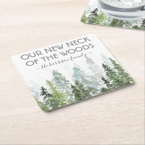 Our New Neck Of The Woods  Housewarming Party Square Paper Coaster