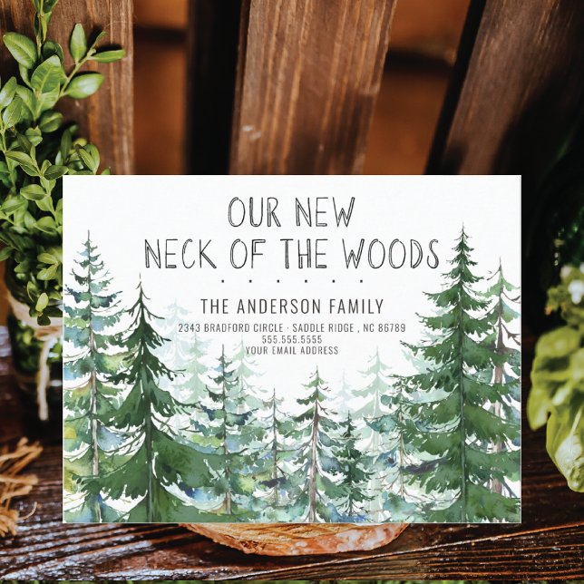 Our New Neck of the Woods Pine Spruce Trees Moving Announcement Postcard (Creator Uploaded)