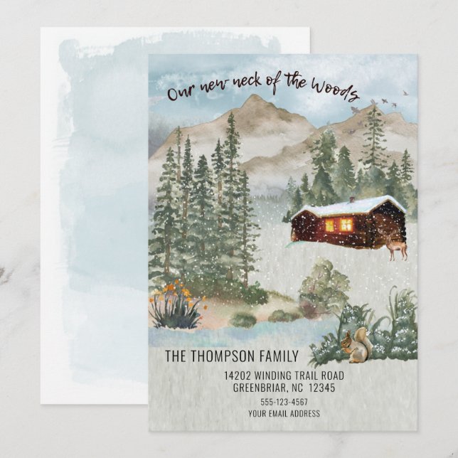 Our New Neck of the Woods Pine Tree Cabin Moving  Note Card (Front/Back)