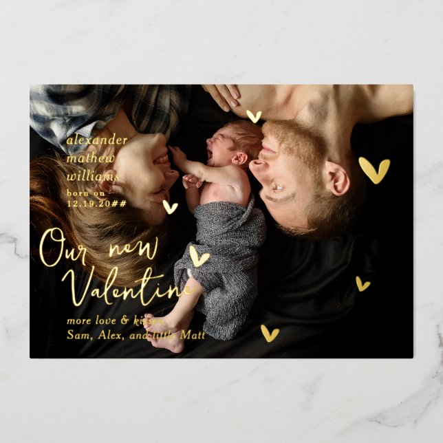 Our New Valentine Gold Foil Boy Birth Announcement (Front)