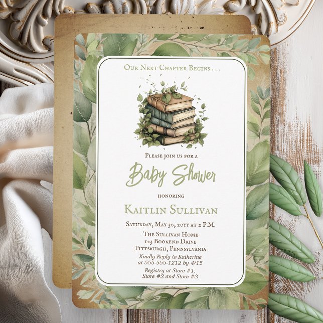 Our Next Chapter Begins Books Baby Shower Invitation (Rustic Vintage Look Elegance "Our Next Chapter Begins . . ." Old Books Leaves Baby Shower Invitation)