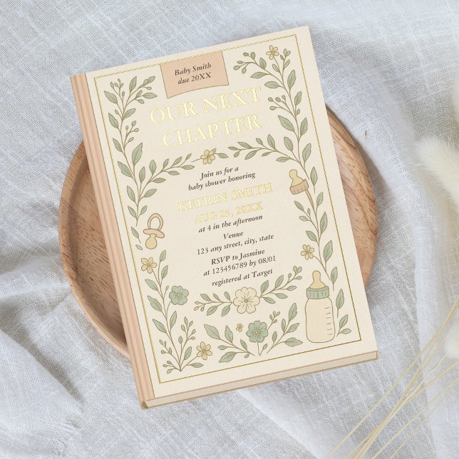 Our Next Chapter Storybook Novel Baby Shower Foil Invitation (A new chapter begins Gold Foil, Book Themed Baby Shower Invitation with Vintage Floral Details)