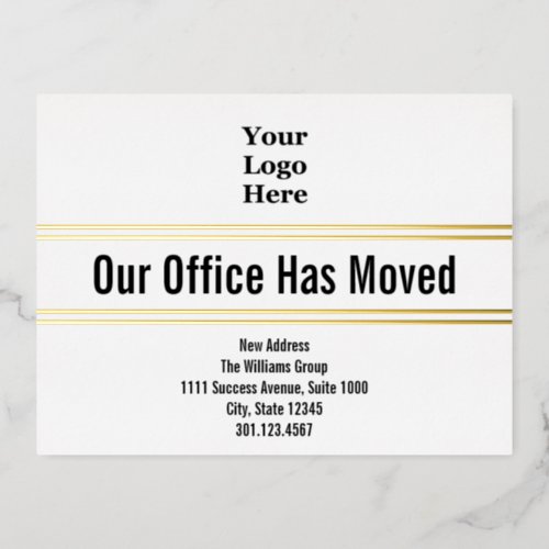 Our Office Has Moved Black White Gold Your Logo Foil Invitation Postcard