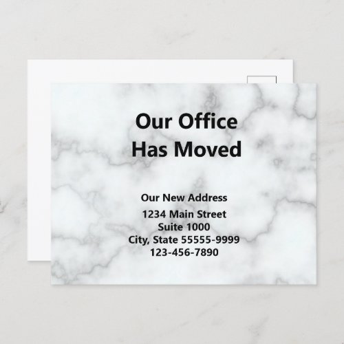 Our Office Has Moved Elegant Faux White Marble Announcement Postcard