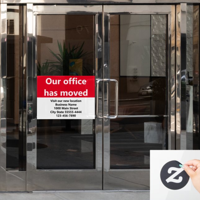 Our Office Has Moved Red Moving Announcement Window Cling (Office Door)