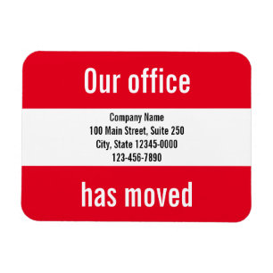 Our Office Has Moved Red White Moving Announcement Magnet