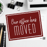 Our Office Has Moved Simple Red Business Moving Postcard<br><div class="desc">We have a new address moving postcards for a modern business or chic corporation looking to update their clients on a new location. Our office has moved. Classy,  minimalist typography on red and white cards for your company. Customize the change of address on the back.</div>